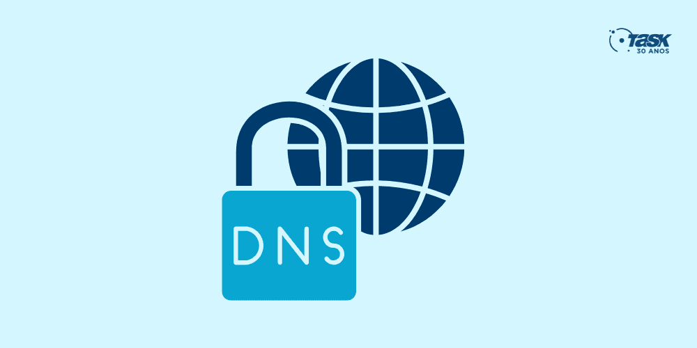 Ilustração de um globo com um cadeado na frente para demonstrar tempo para propagação de DNS no registro.