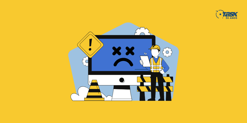 Ilustração de um monitor simulando um site fora do ar. Ao seu redor, uma equipe de "construção" para sinalizar que o site está em manutenção.