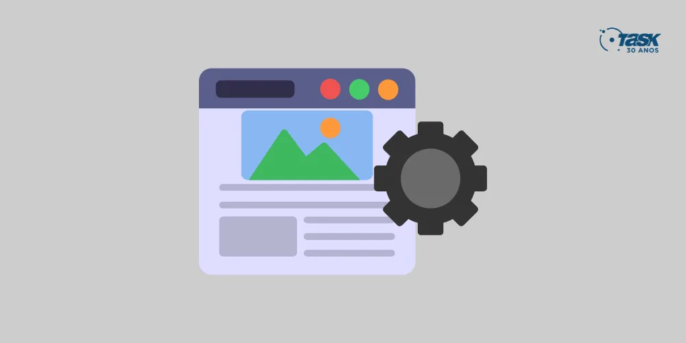 Ilustração de um navegador com uma engrenagem na frente, simulando um ambiente de configuração de temas WordPress.