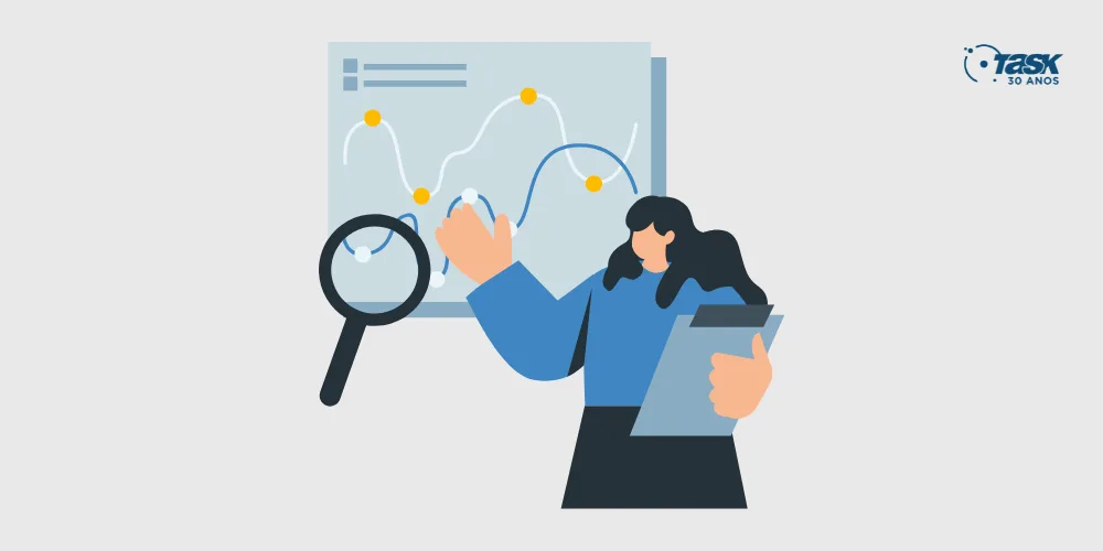 Ilustração de uma pessoa apresentando uma tela com gráficos para simular as tendências de mercado.