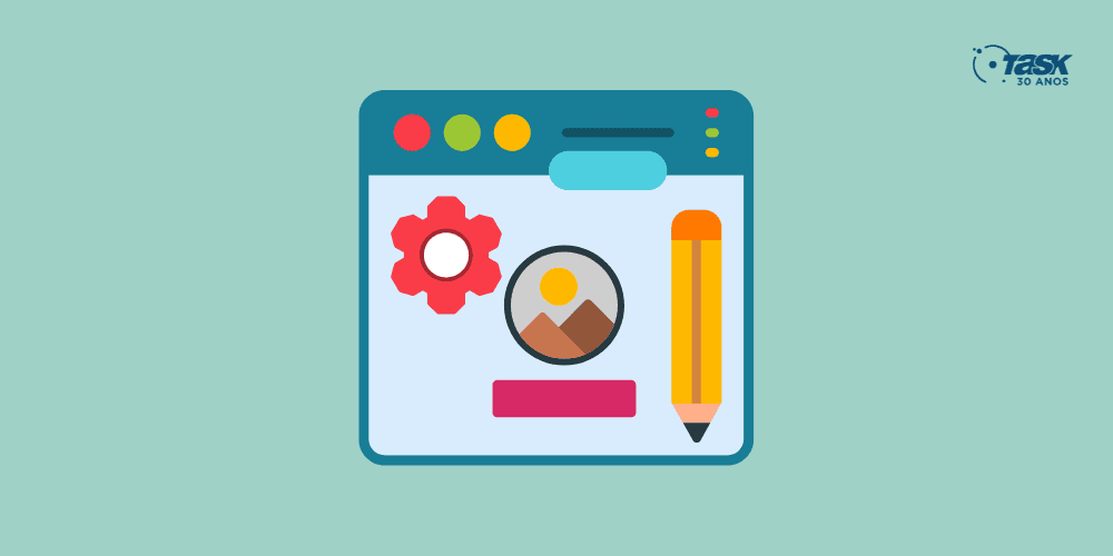 Ilustração de um navegador de internet com um lápis, uma imagem e uma engrenagem para simular a configuração de um site pelo WordPress.